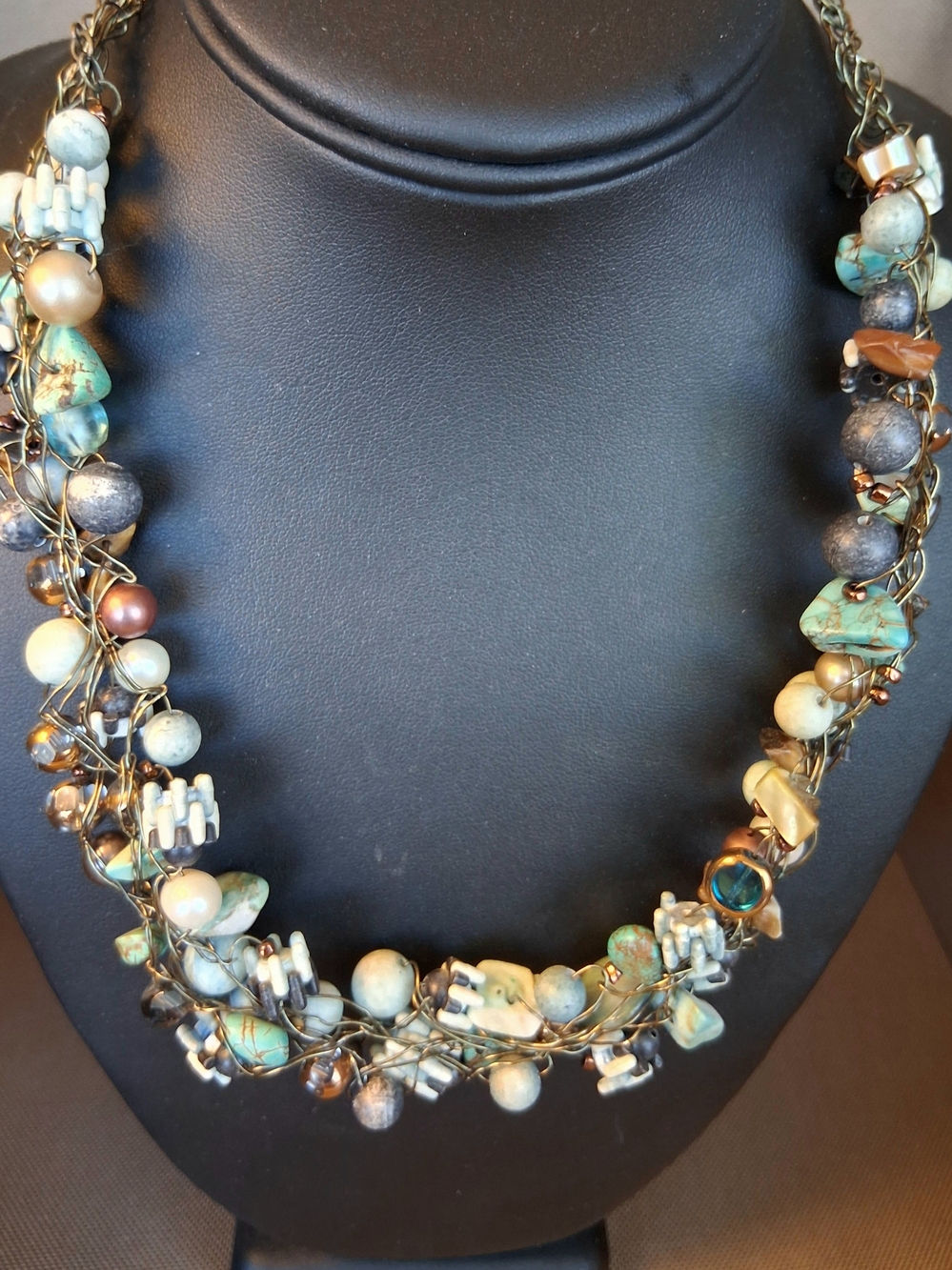 Hand Crafted Turquoise and Pearl Mixed-Bead Women’s 21" Necklace